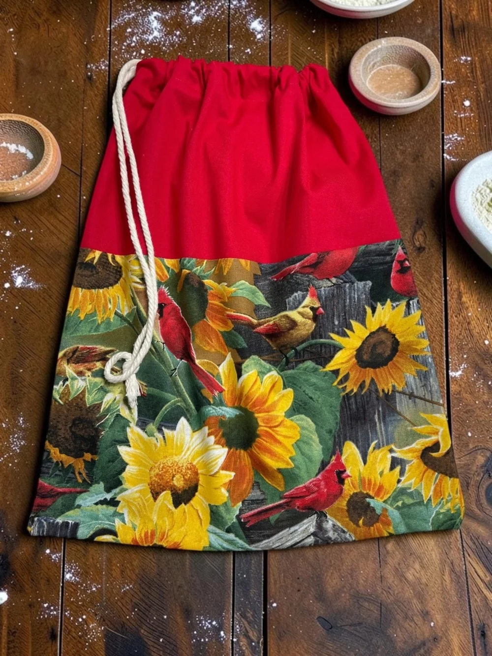 Red Cardinal & Sunflower Cotton Bread Bag, Reusable Sourdough Bread Keeper